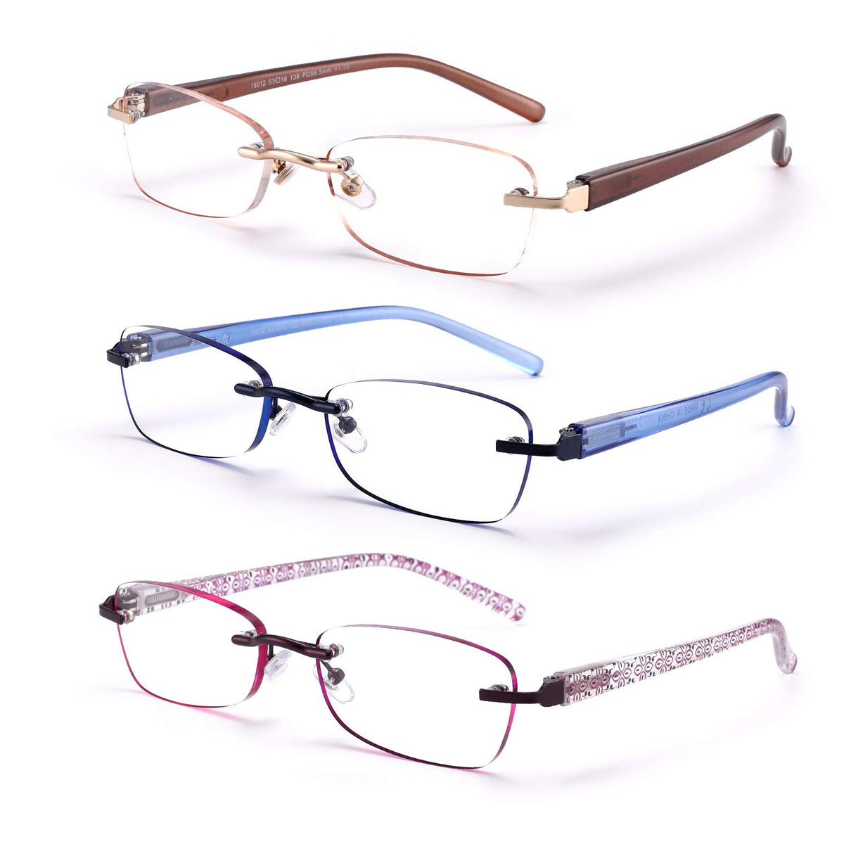 FEIVSN 3-pack rimless reading glasses in assorted colors for a professional style.