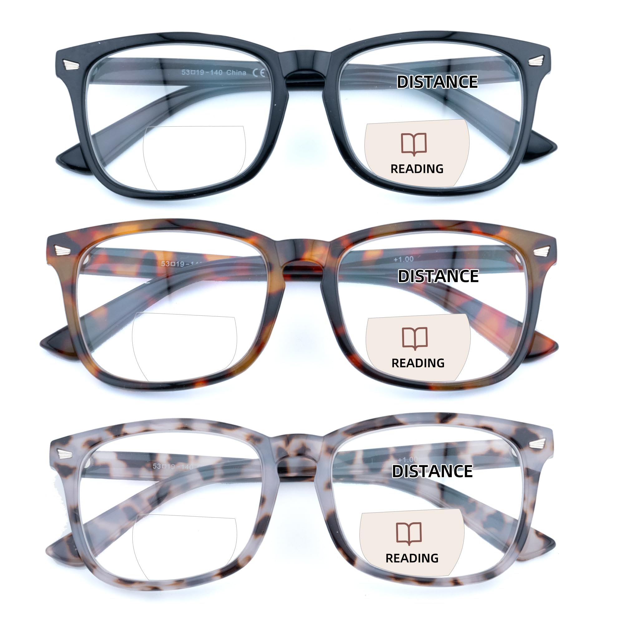 FEIVSN 3-pack bifocal glasses with square frames for all-day reading and distance use.