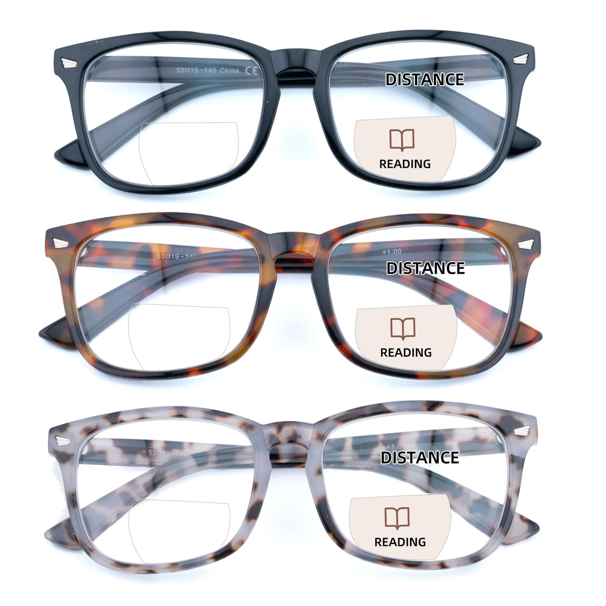 FEIVSN 3-pack bifocal glasses with square frames for all-day reading and distance use.
