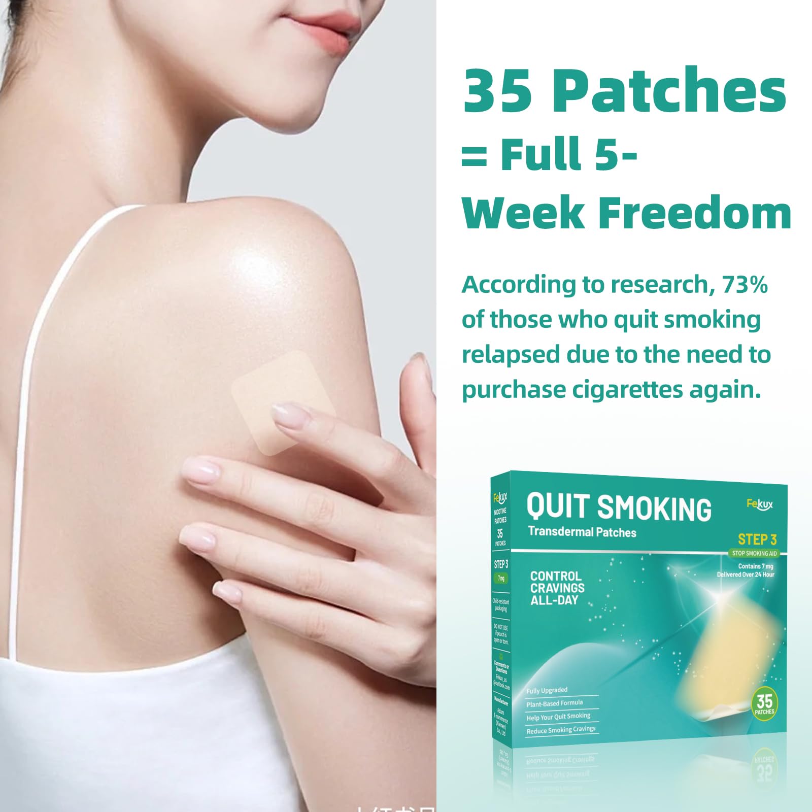 Fekux nicotine patch on arm demonstrates 7 mg Step 3 use.
