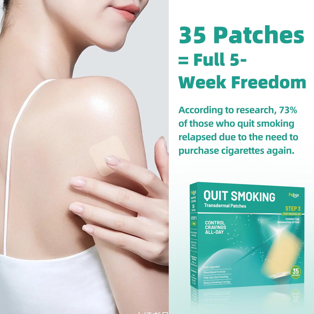 Fekux nicotine patch on arm demonstrates 7 mg Step 3 use.
