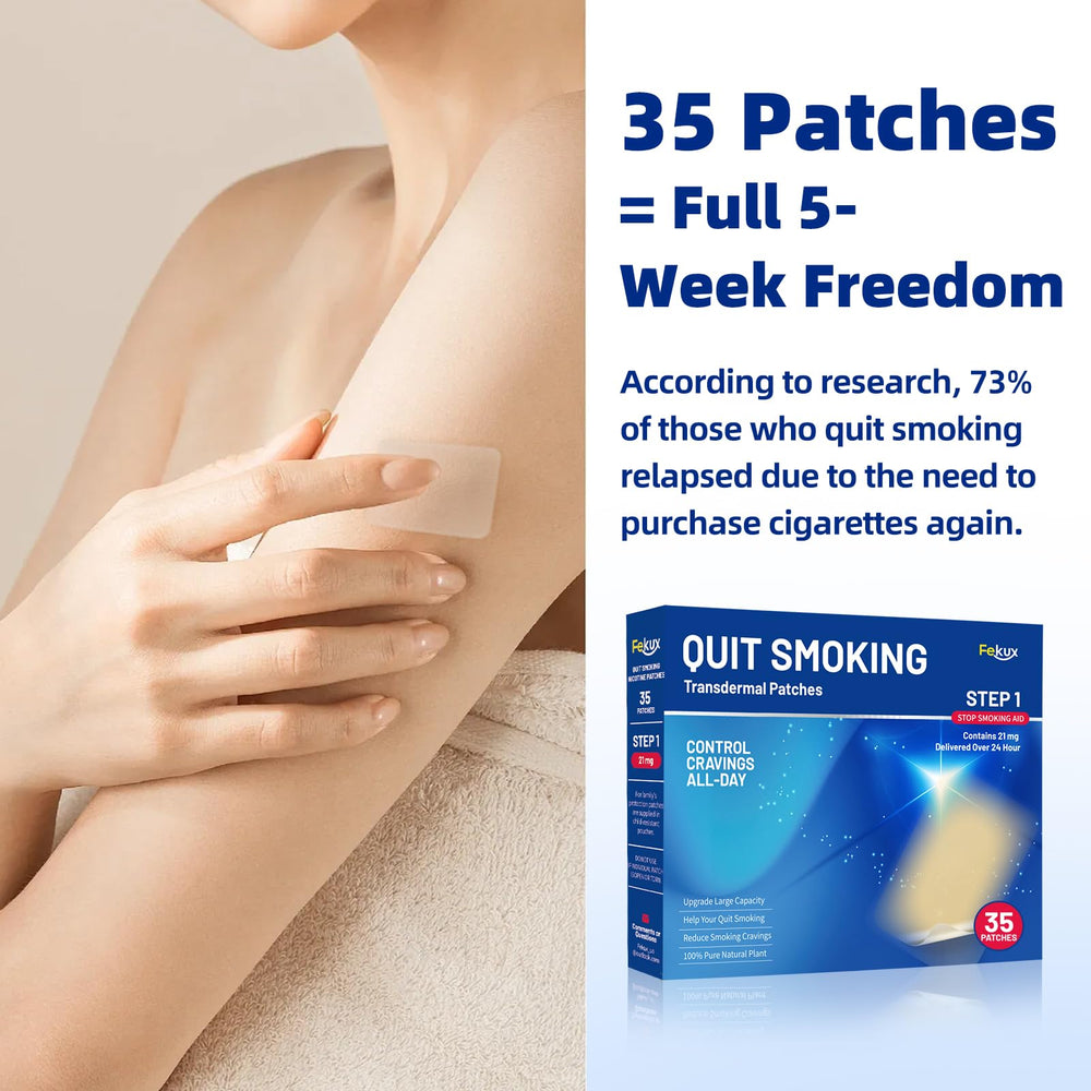 Fekux Quit Smoking Patch Step 1 21mg on arm delivering 24-hour nicotine support