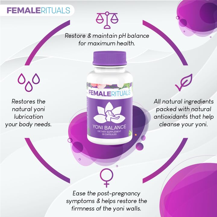 Female Rituals Yoni Balance Pills bottle highlights convenient daily support