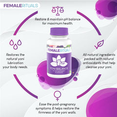 Female Rituals Yoni Balance Pills bottle highlights convenient daily support