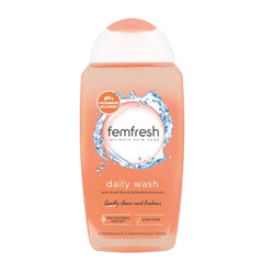 Femfresh Intimate Wash bottle highlights gentle, pH-balanced daily cleansing with aloe vera.