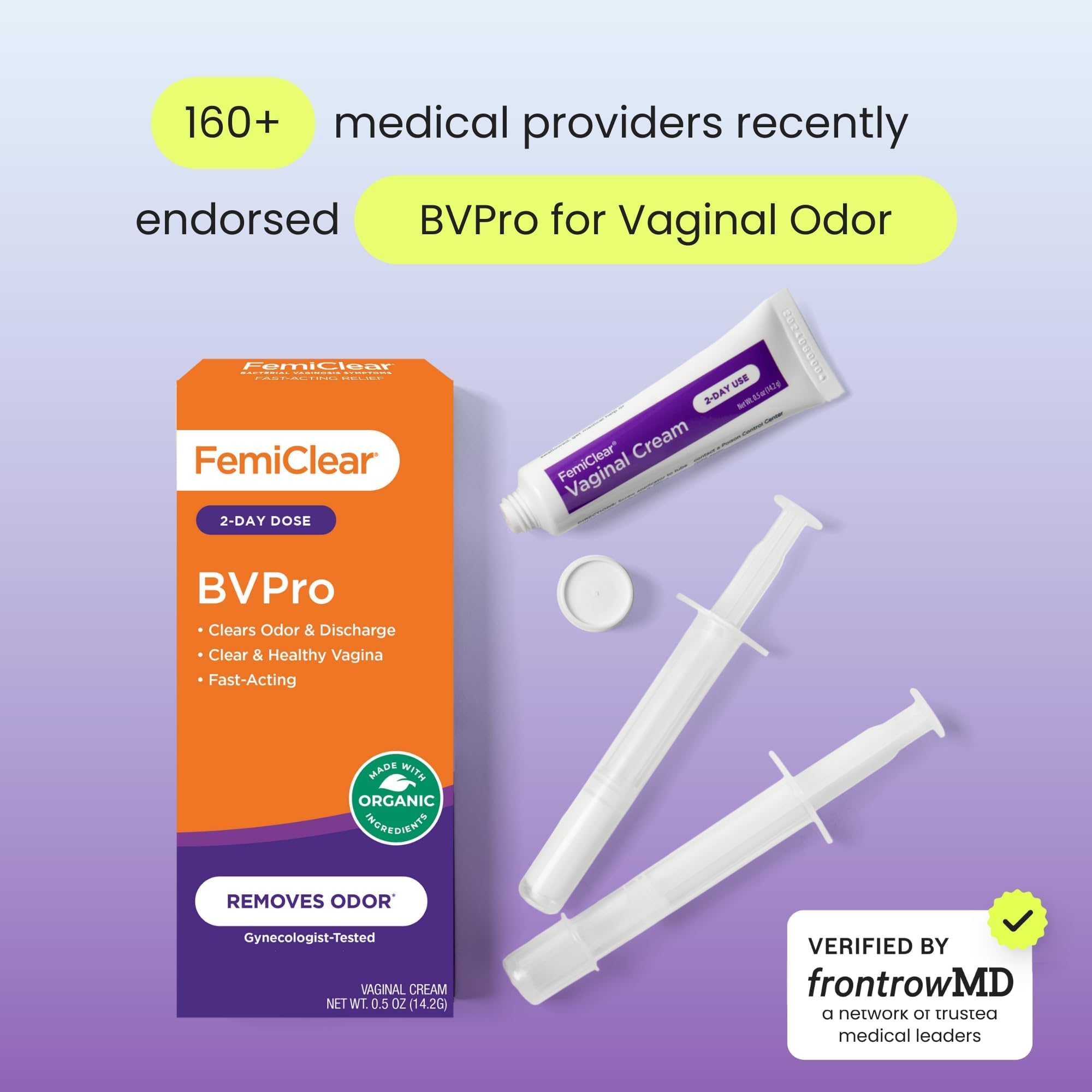 FemiClear BVPro gynecologist-tested badge signals trusted professional endorsement