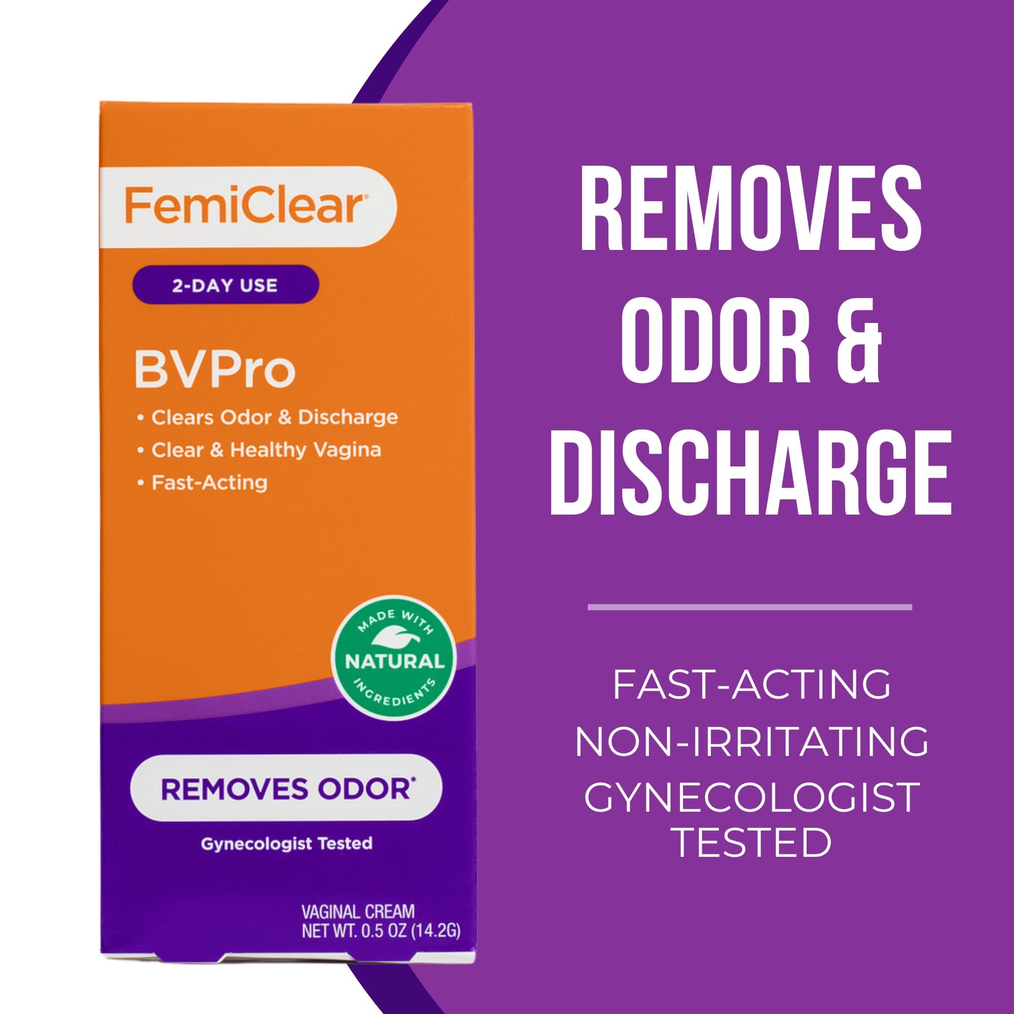 FemiClear BVPro packaging box highlights natural ingredients for odor relief