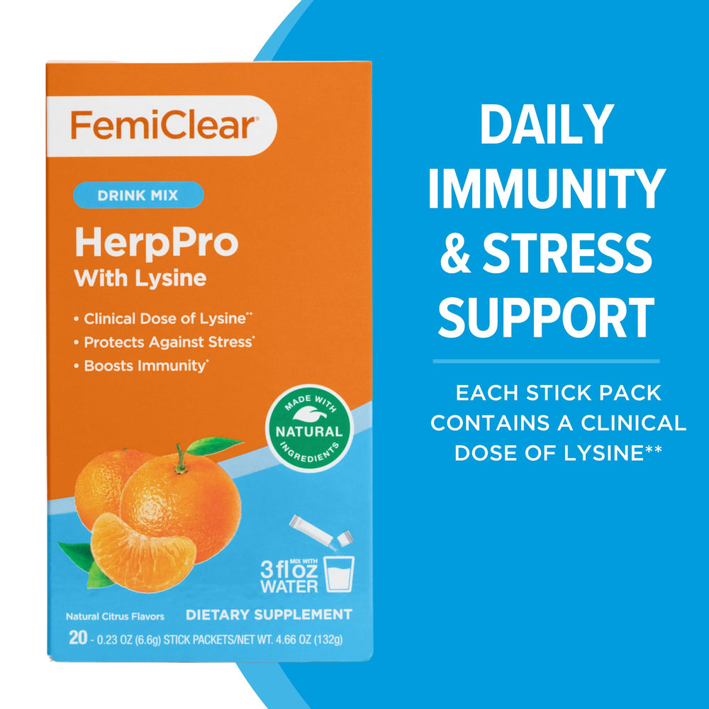 FemiClear HerpPro bottle and stick packs shown for discreet, portable use.