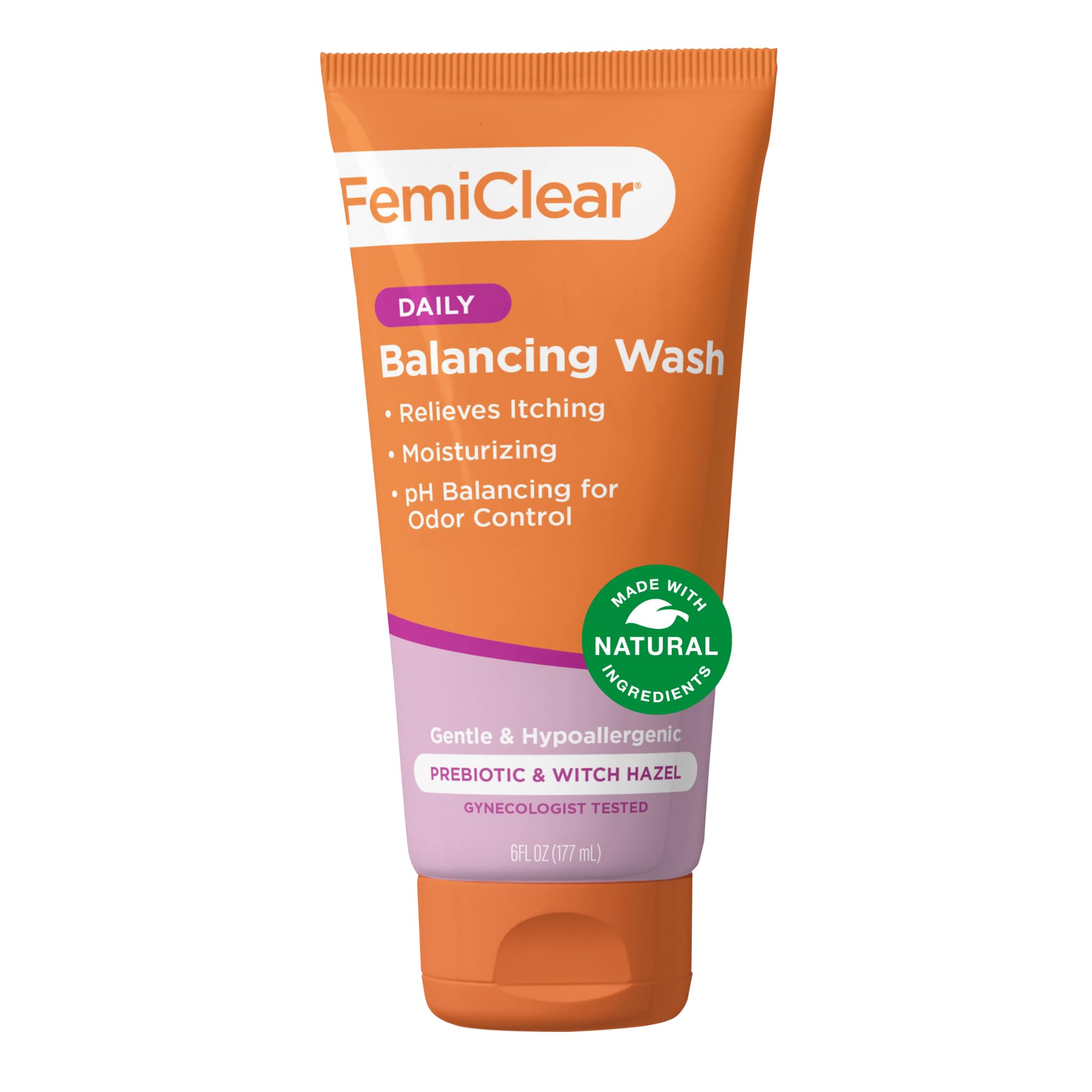 FemiClear soothing daily wash bottle demonstrates gentle cleansing for balanced vaginal pH