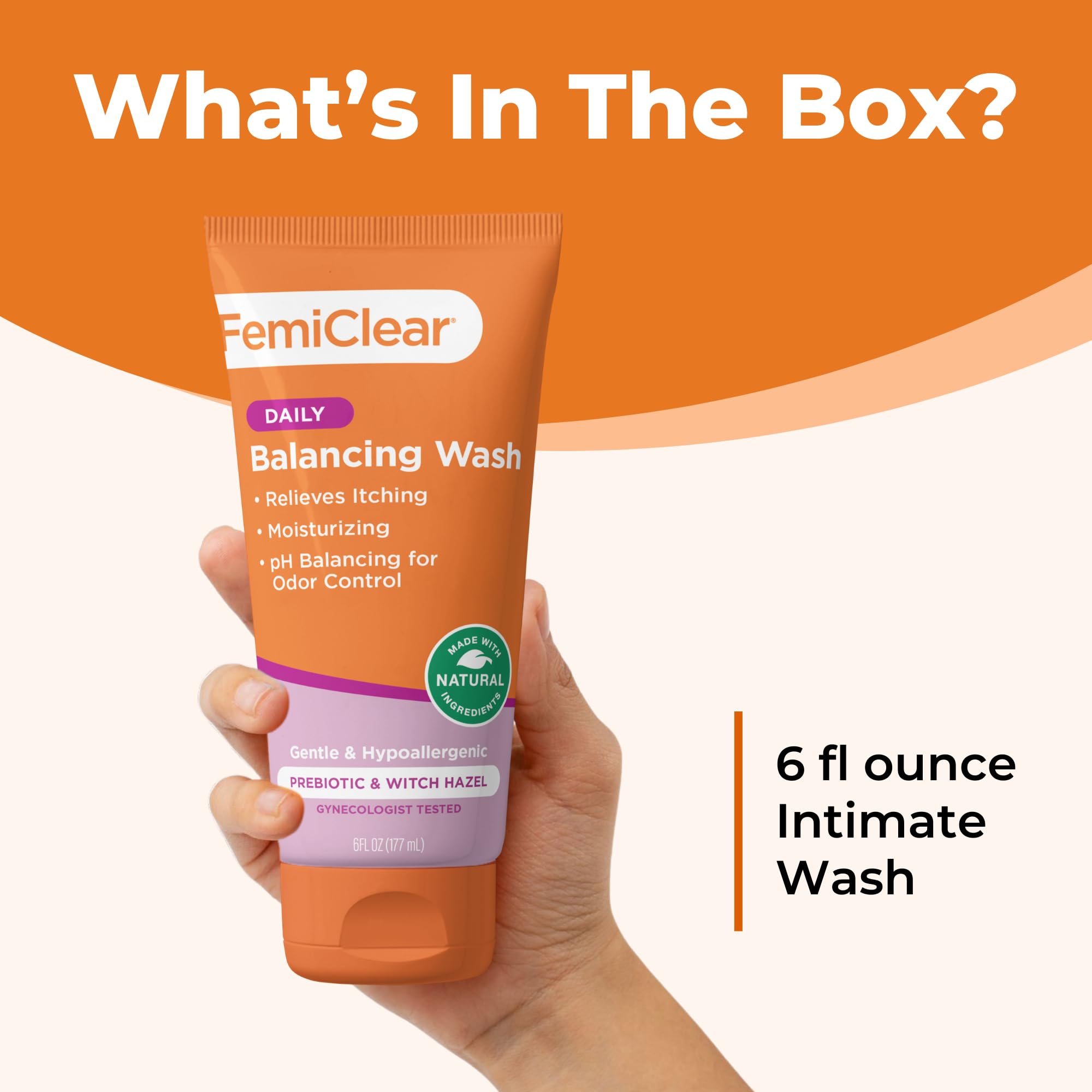 FemiClear soothing daily wash label closeup emphasizes safe ingredients