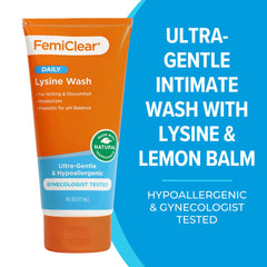 FemiClear Ultra-Gentle Wash foam close-up shows creamy lather and gentle cleanse.