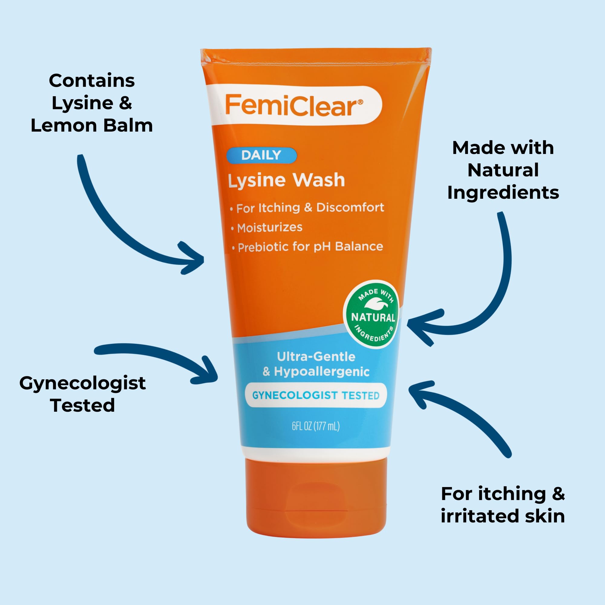 FemiClear Ultra-Gentle Wash label close-up highlights natural ingredients.