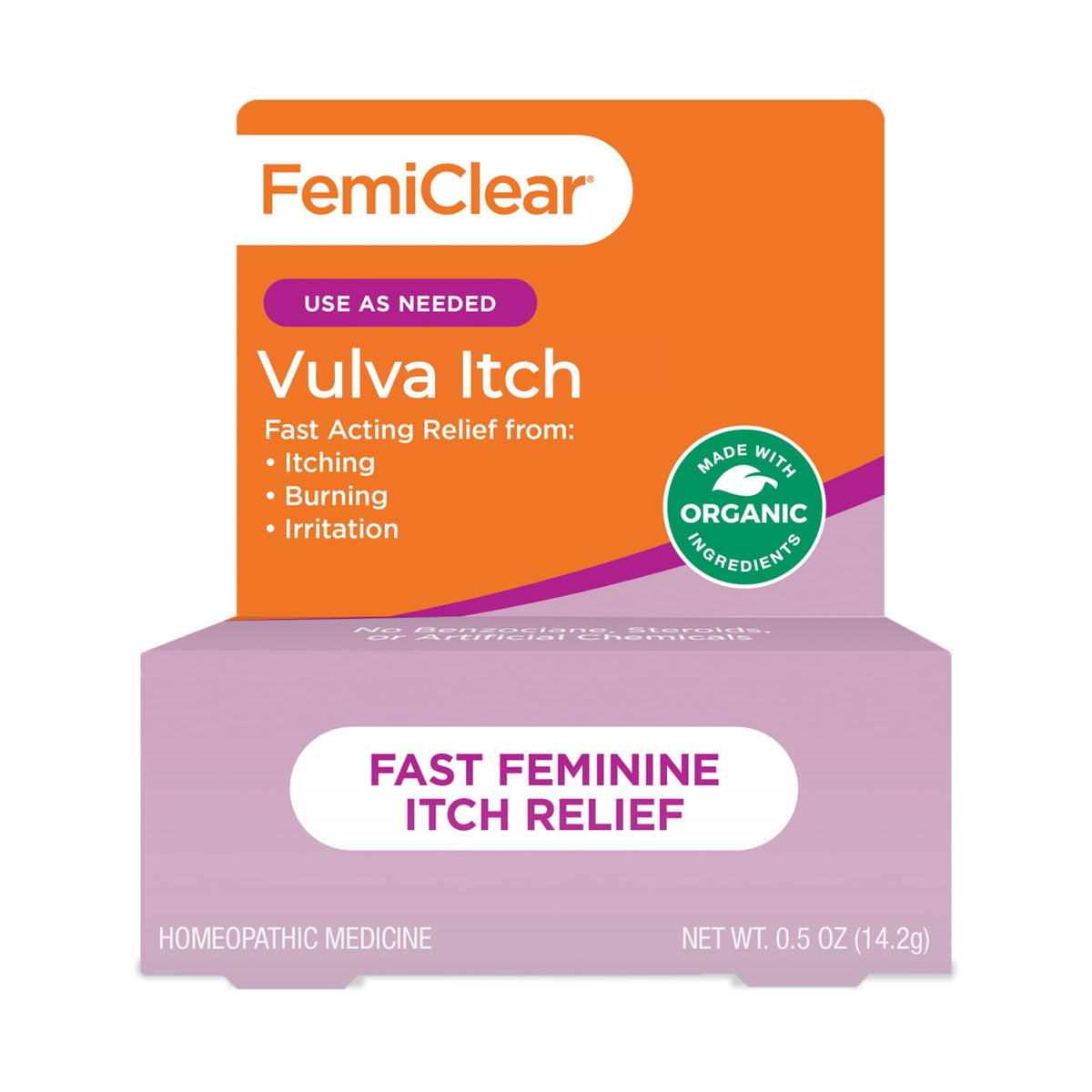 FemiClear Vaginal Itch Relief tube for external irritation soothing daily comfort.