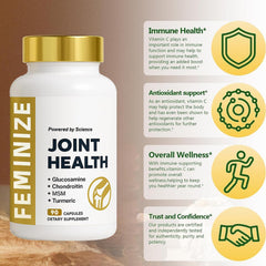 Feminize Ingredients label with glucosamine-chondroitin-MSM highlighting joint wellness components.
