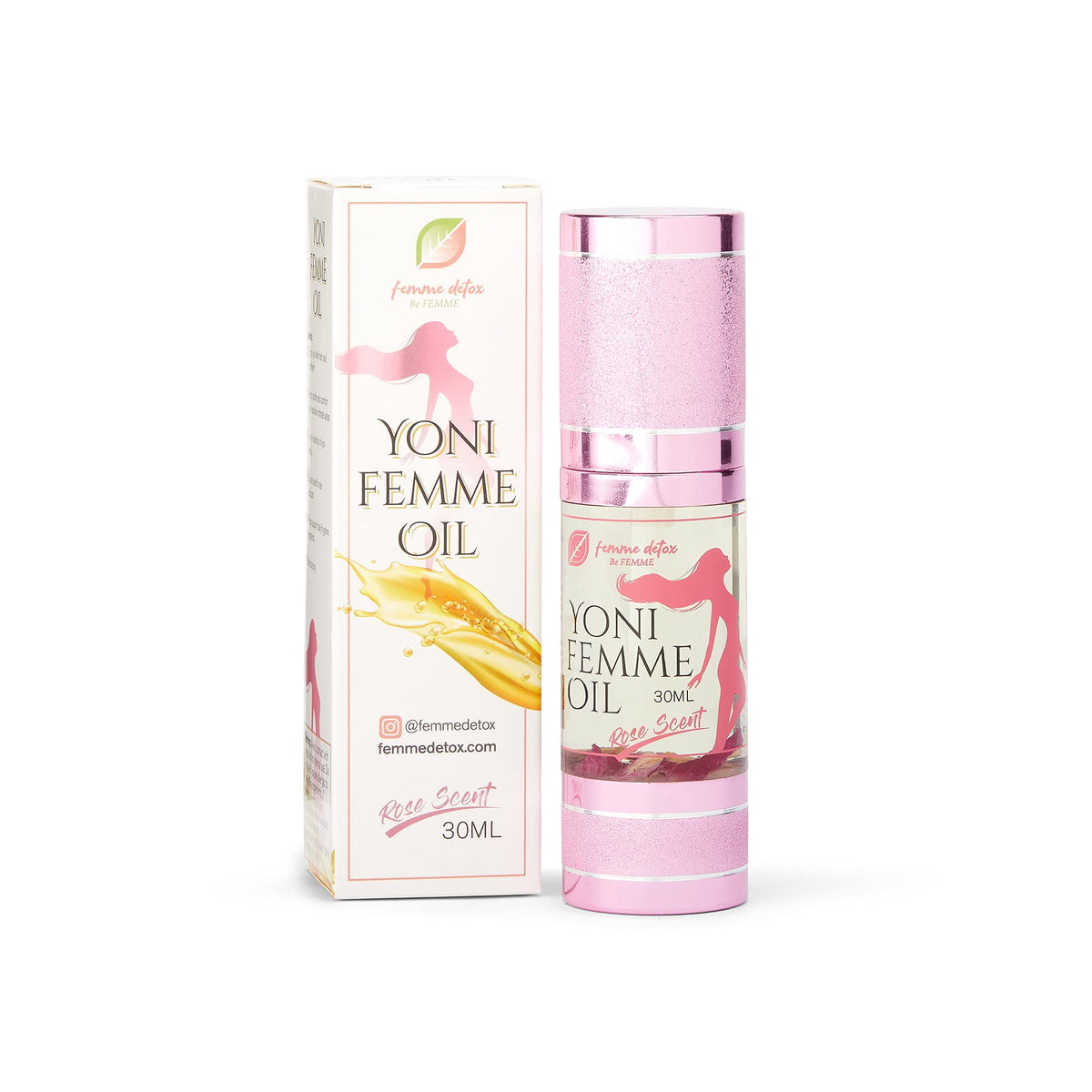 Femme Detox Yoni Oil bottle with rose scent for daily intimate care