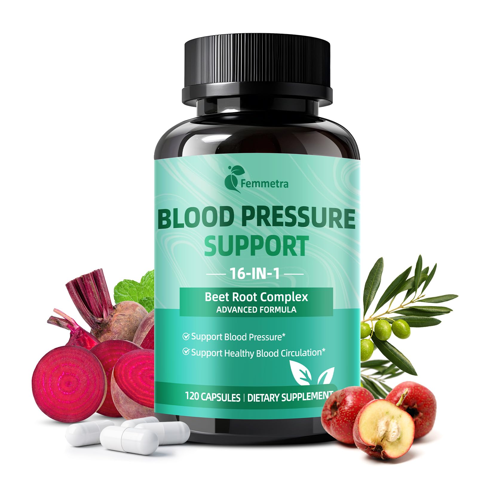 Femmetra 16-in-1 beetroot bottle pouring; convenient daily support for healthy blood flow.