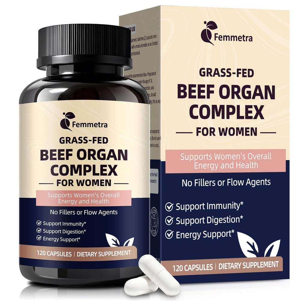 Femmetra Beef Organ Complex packaging shown for convenient daily use.