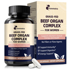 Femmetra Beef Organ Complex packaging shown for convenient daily use.