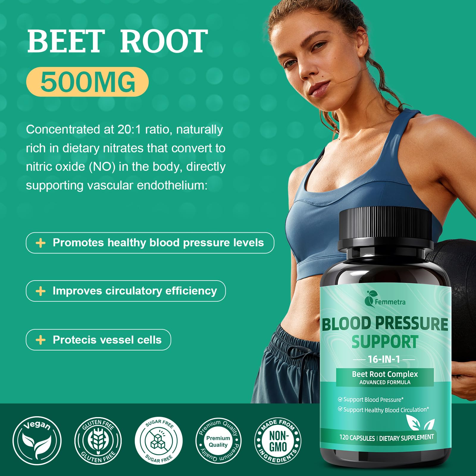 Femmetra beetroot capsules label close-up; easy daily circulation support.