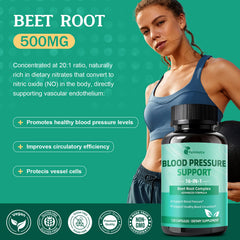 Femmetra beetroot capsules label close-up; easy daily circulation support.