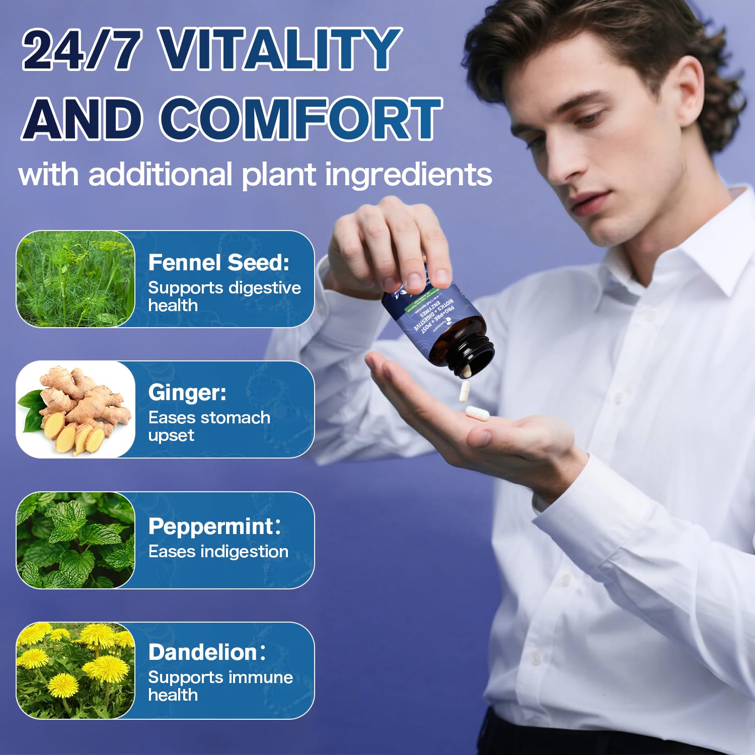 Femmetra bottle with botanicals highlights digestive comfort during meals