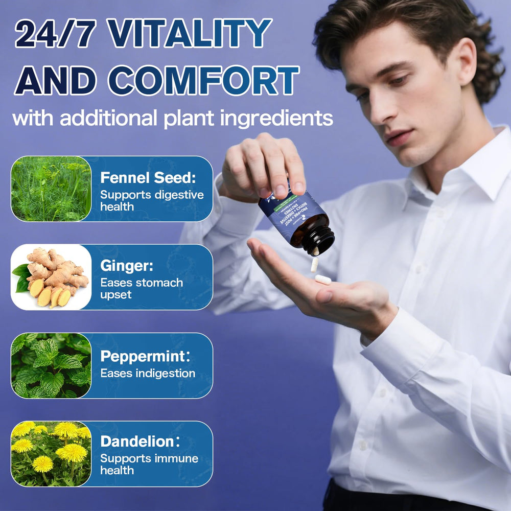 Femmetra bottle with botanicals highlights digestive comfort during meals