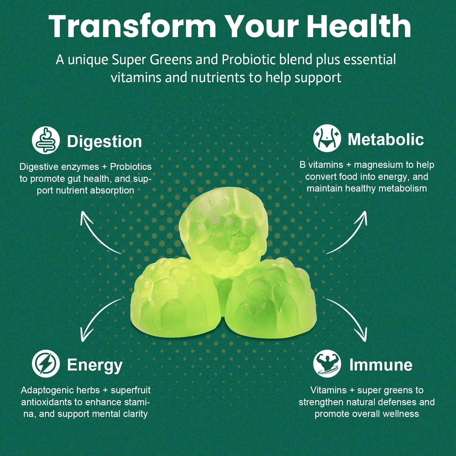 Close-up of 11 greens and 6 enzymes highlighting gut health