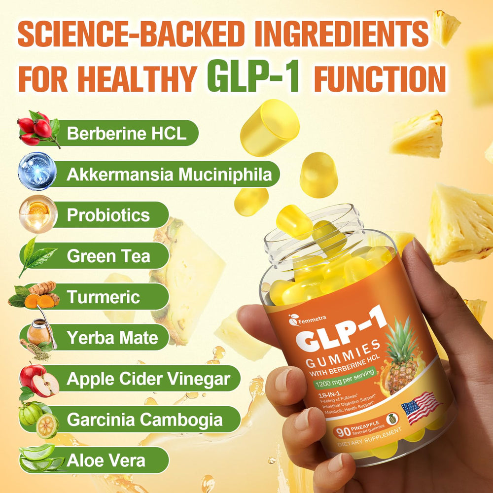 Femmetra GLP-1 gummies bottle stacked display highlighting 90 gummies per bottle