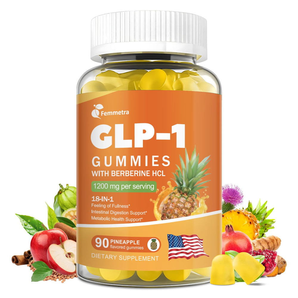 Femmetra GLP-1 gummies on wood surface, ready for daily use