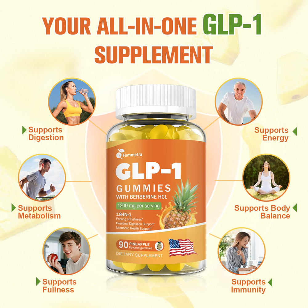 Femmetra GLP-1 gummies package label emphasizing vegan, sugar-free, and gluten-free claims