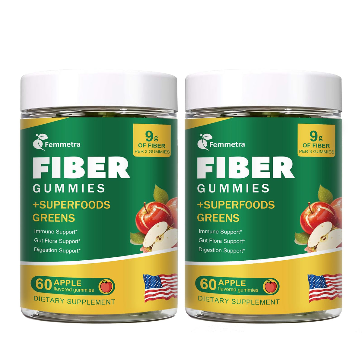 Gomitas Femmetra de fibra prebiótica con sabor manzana para apoyo digestivo diario.