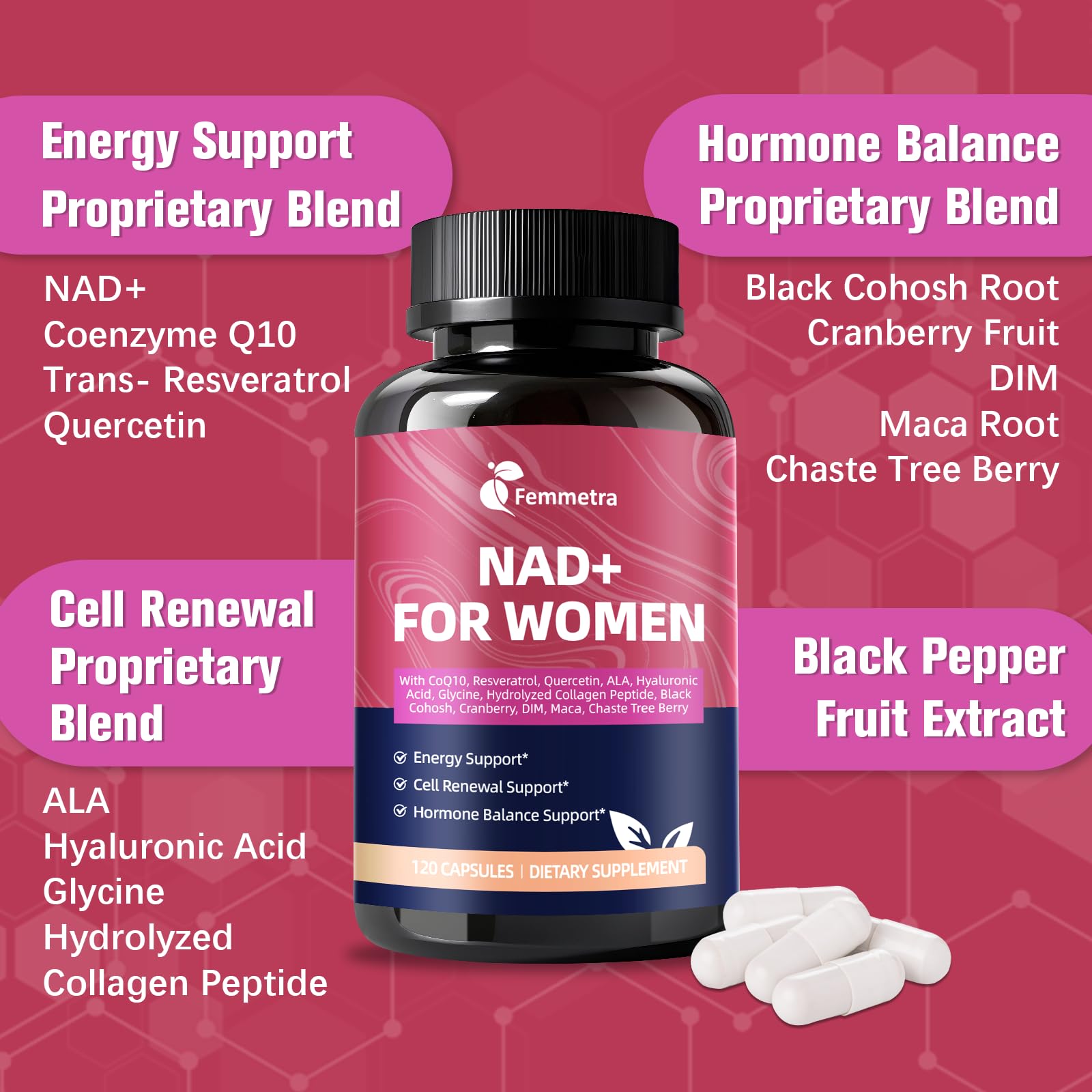 Femmetra NAD+ with CoQ10 supports mitochondrial energy metabolism.