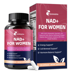 Femmetra NAD+ supplements bottle with capsules for energy and balance.