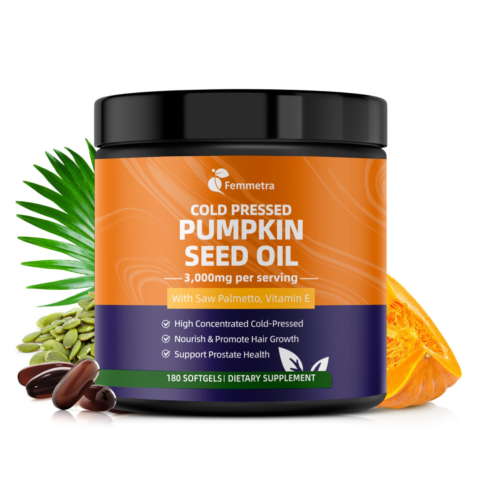 Femmetra pumpkin seed oil softgel bottle shown for daily hair and prostate support