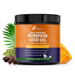 Femmetra pumpkin seed oil softgel bottle shown for daily hair and prostate support