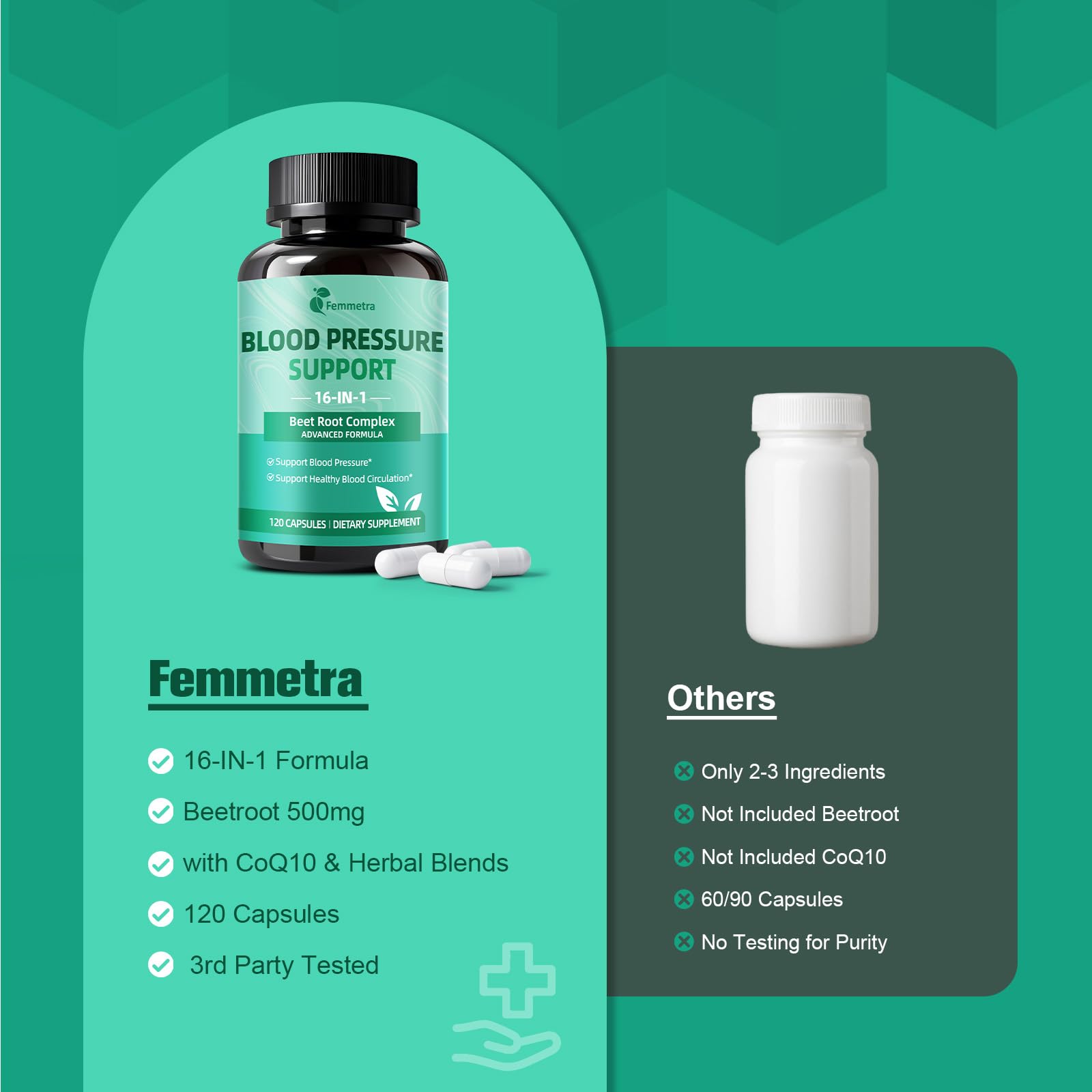 Femmetra vegetarian capsules; plant-based daily supplement.