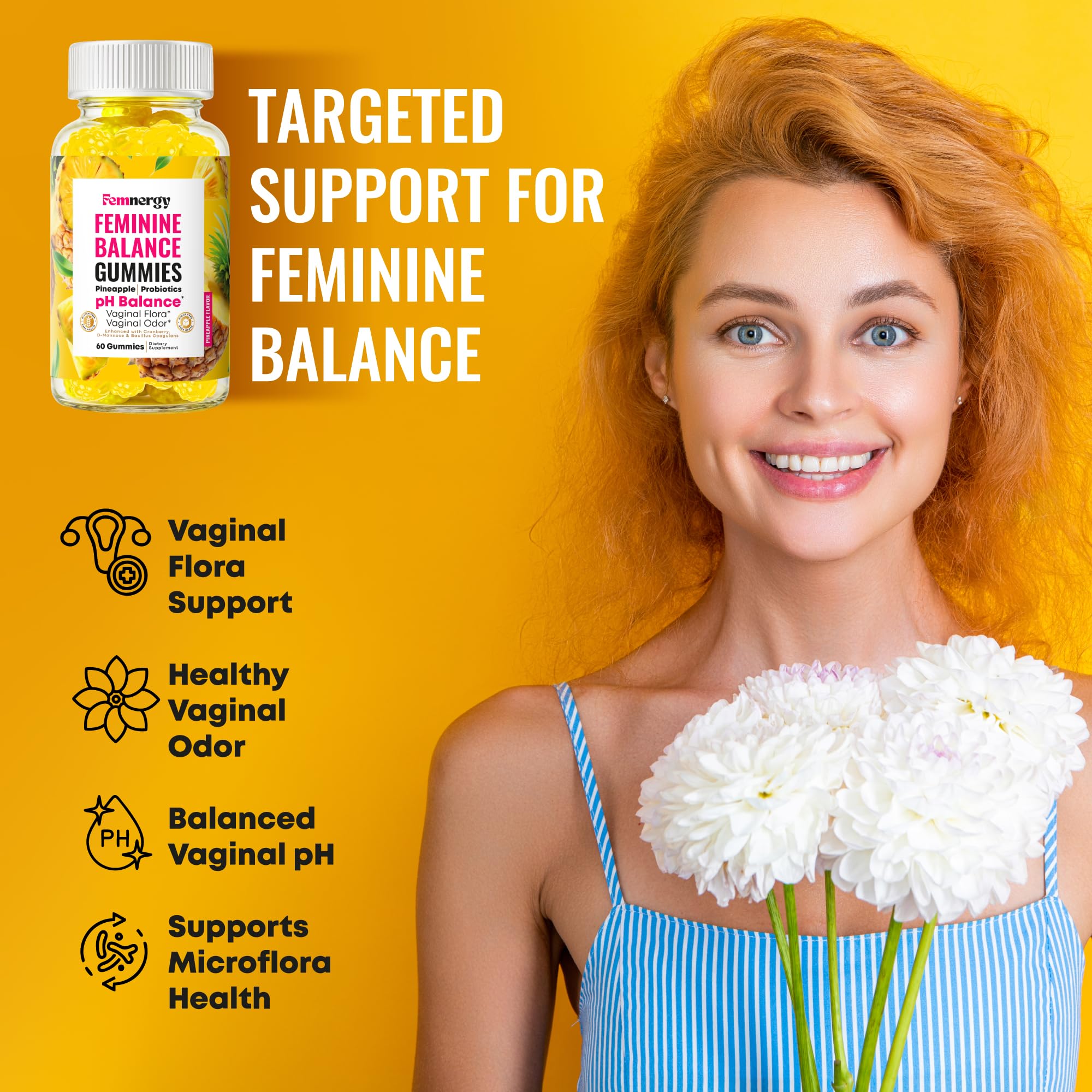 Femnergy bottle close up emphasizes probiotic support for vaginal flora balance