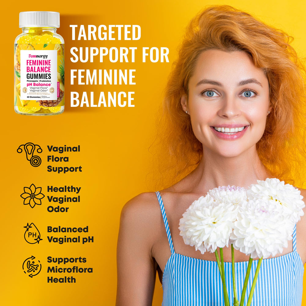 Femnergy bottle close up emphasizes probiotic support for vaginal flora balance