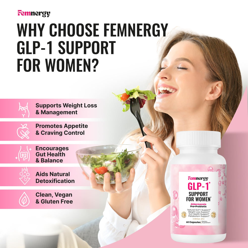 Femnergy GLP-1 capsules closeup highlighting probiotic formula and prebiotic fiber.