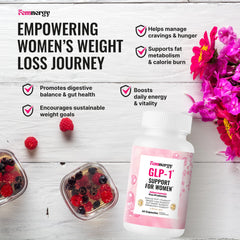 Femnergy GLP-1 label details emphasizing vegan, gluten-free, non-GMO features.