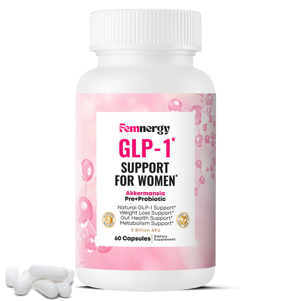 Femnergy GLP-1 support for women bottle displaying capsules to illustrate daily appetite balance.