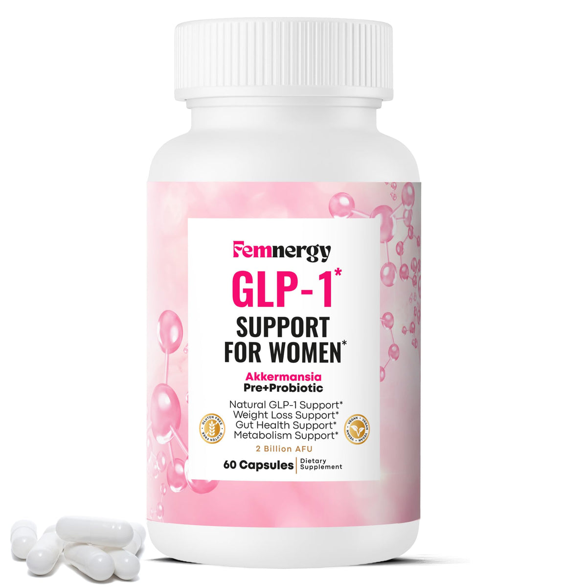 Femnergy GLP-1 support for women bottle displaying capsules to illustrate daily appetite balance.