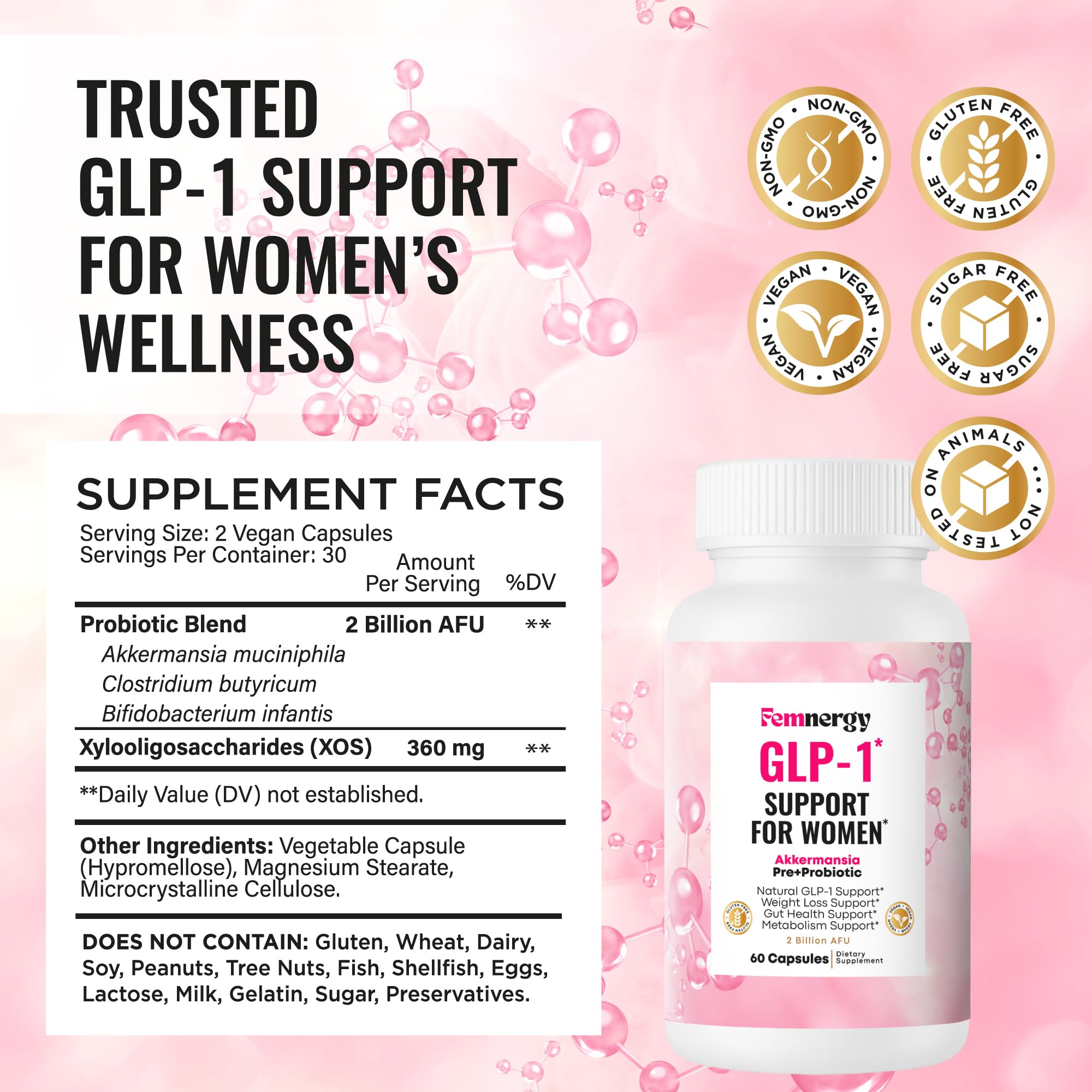 Vegan and gluten-free badge on Femnergy GLP-1 packaging.