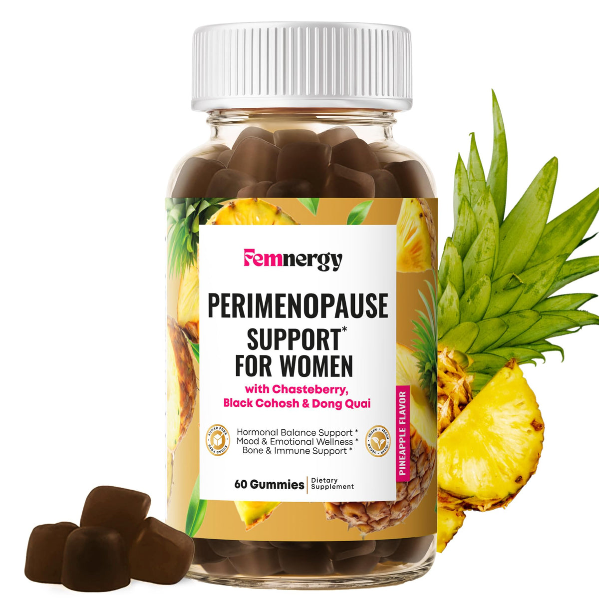 Femnergy Perimenopause Gummies bottle front signals daily hormonal support