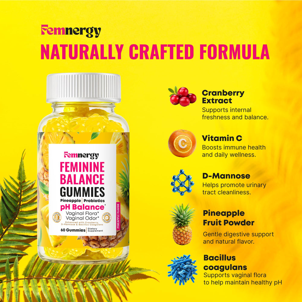 Femnergy pineapple cranberry flavored gummies showcase a tasty daily wellness routine