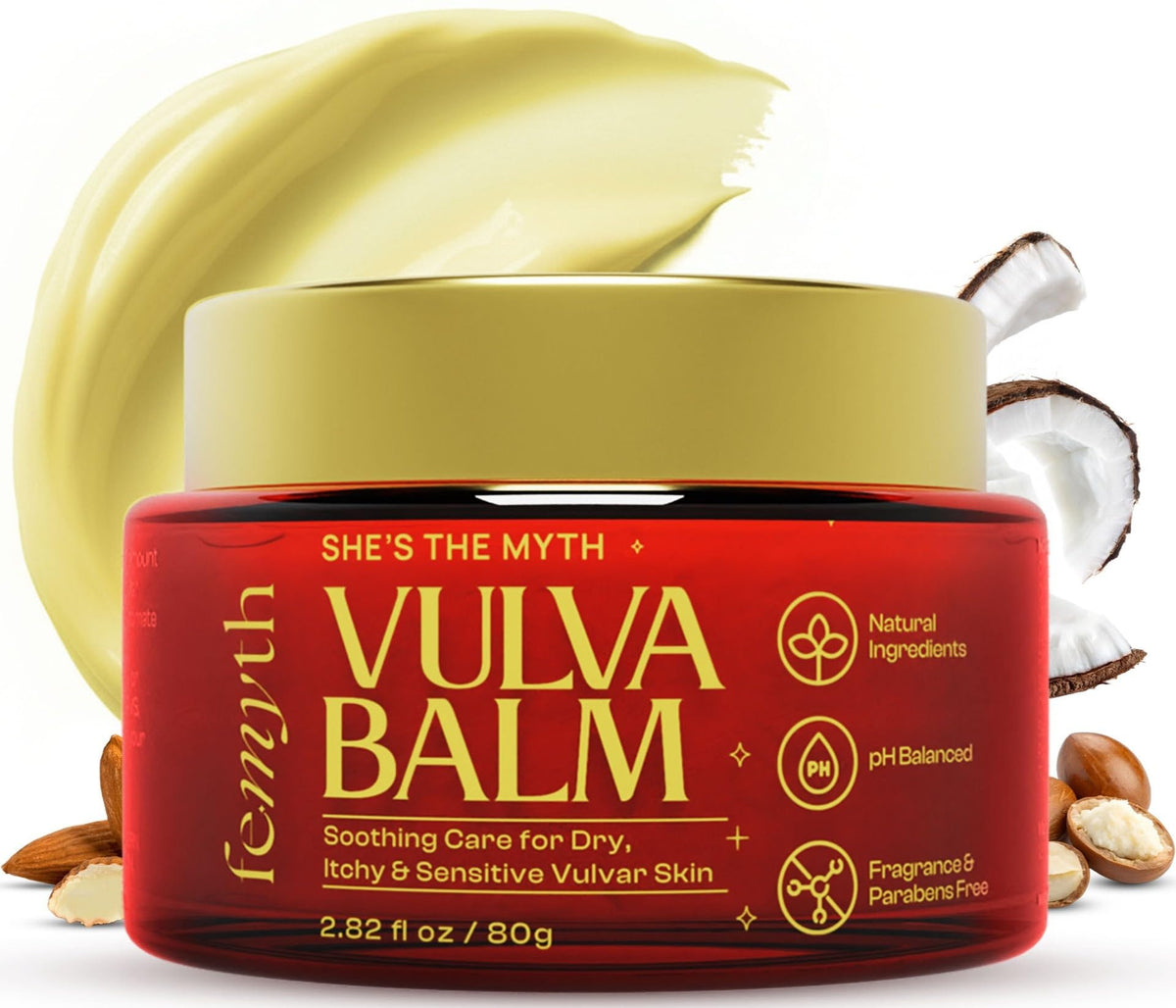 Femyth Vulva Balm jar close-up, premium glass container supporting gentle vulva moisture
