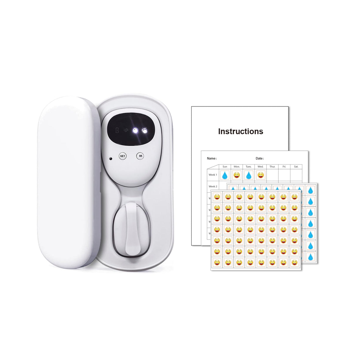 Fency bedwetting alarm transmitter attached to underwear for moisture detection and alerts