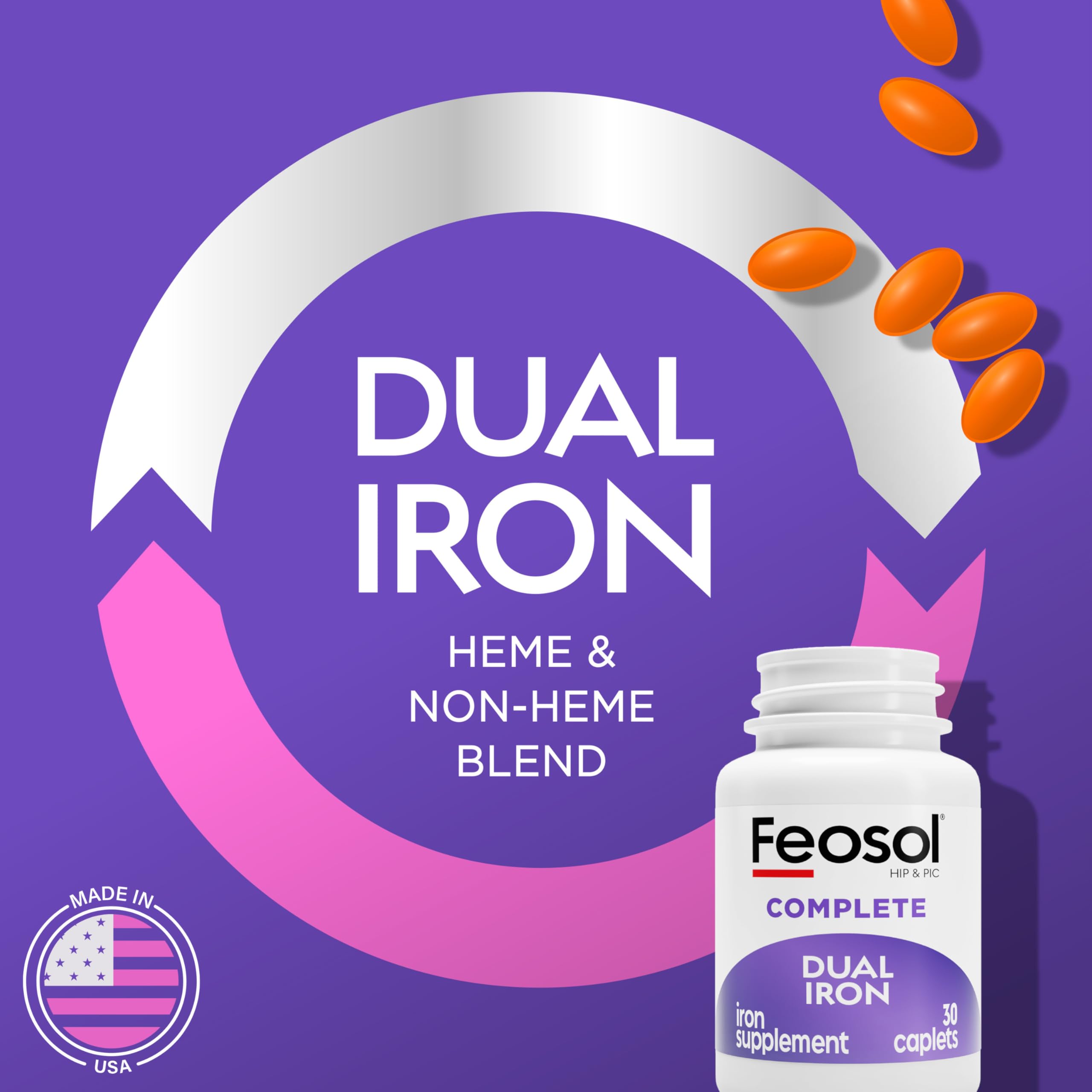 Feosol Complete caplet closeup with smooth coating for easy swallowing.