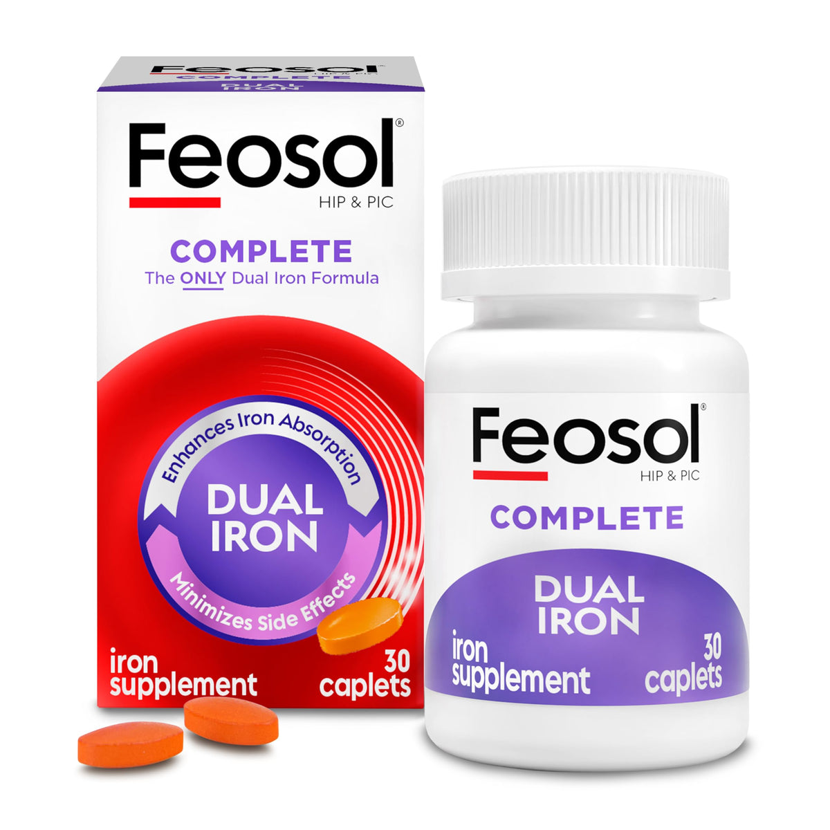 Feosol Complete bottle packaging front, trusted US-made iron supplement.