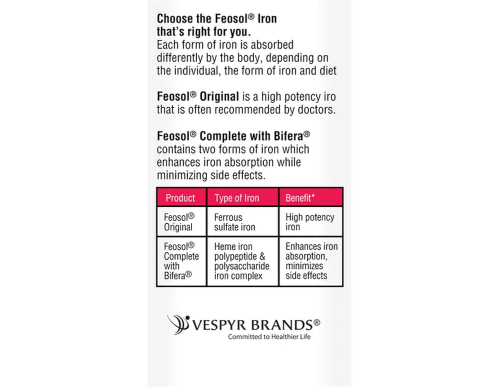Feosol Original tablets closeup highlights elemental iron content.